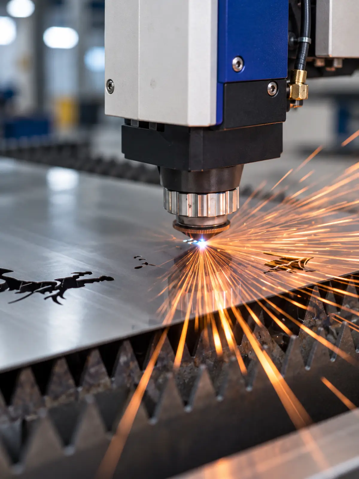 Cabezal de láser fibra cortando una plancha de metal, con chispas