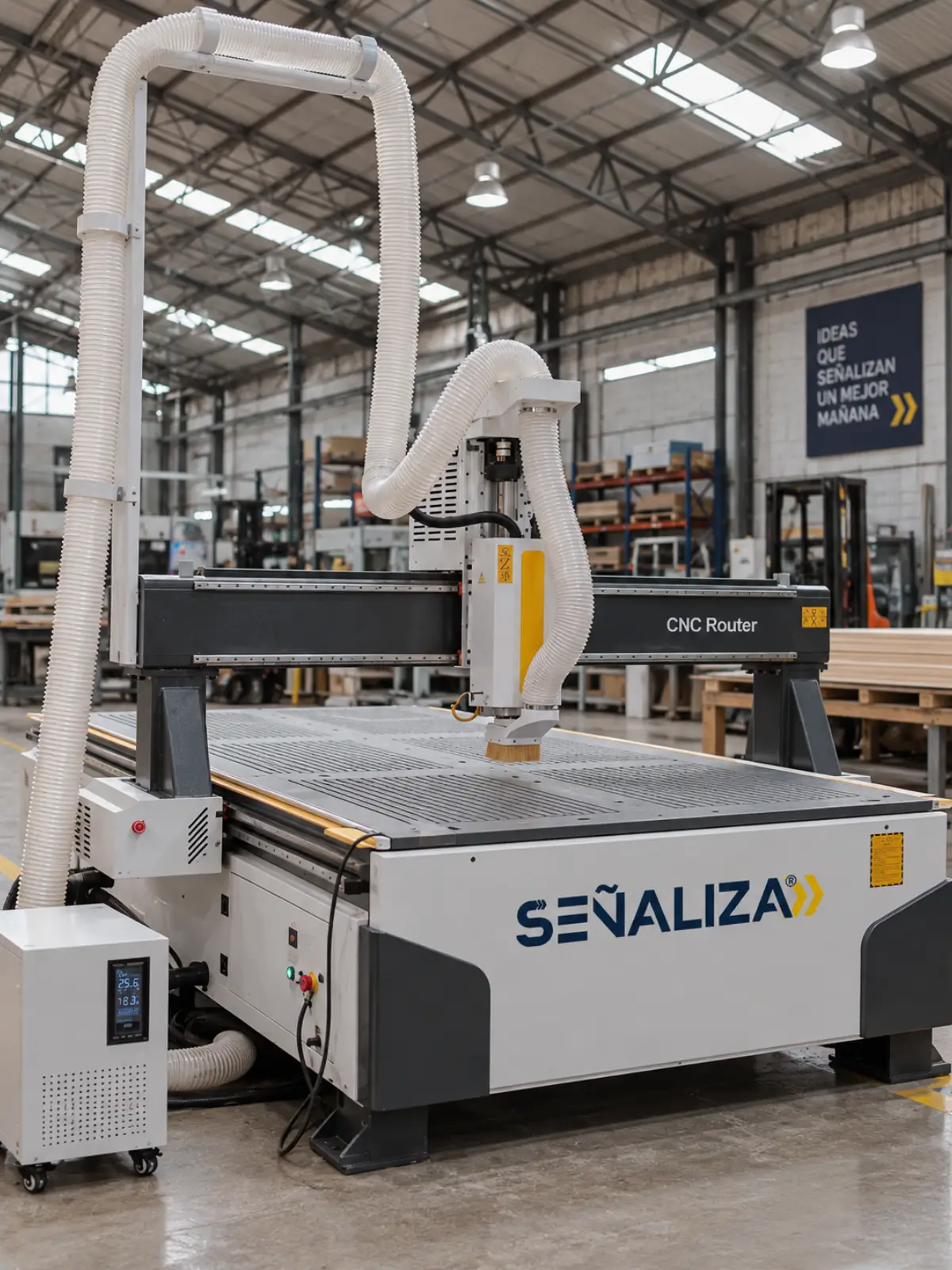 Router CNC con su extractor de polvo y el logo de Señaliza en el costado, en un galpón