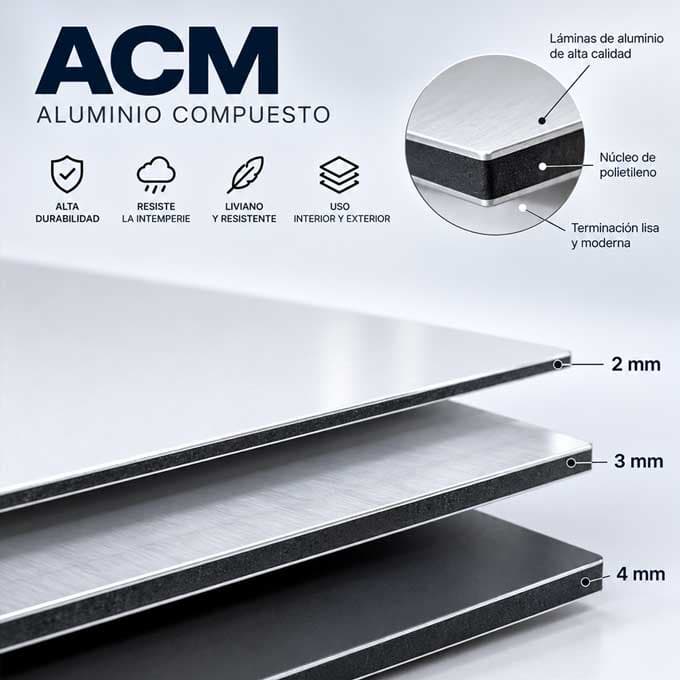 Tres planchas de aluminio compuesto apiladas —gris claro, aluminio cepillado y negro— con sus espesores rotulados al canto: 2, 3 y 4 mm