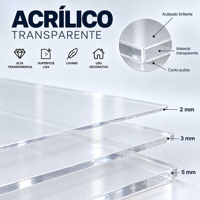 Tres planchas de acrílico transparente apiladas, con el canto pulido y sus espesores rotulados: 2, 3 y 5 mm