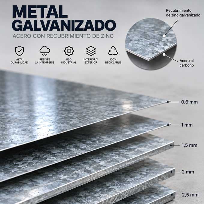 Cinco planchas de acero galvanizado apiladas, con el dibujo de cristalización del zinc a la vista y sus espesores rotulados: 0,6, 1, 1,5, 2 y 2,5 mm