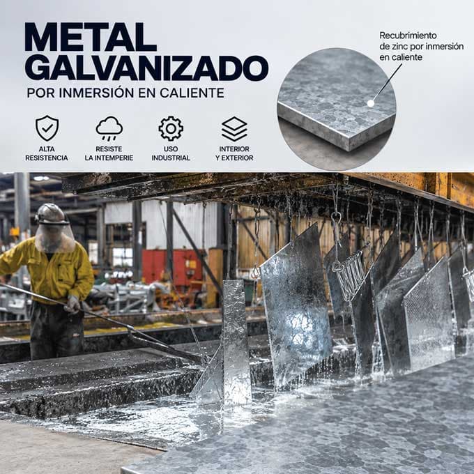 Piezas metálicas colgadas y chorreando zinc fundido al salir del baño, mientras un operario con casco y traje amarillo las maniobra en la planta de galvanizado
