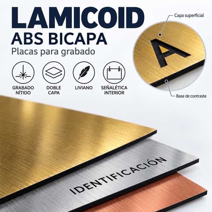 Placas de lamicoid apiladas en dorado, plateado y cobre; la plateada va grabada con la palabra «identificación» y un detalle muestra la letra A grabada hasta la capa negra de abajo
