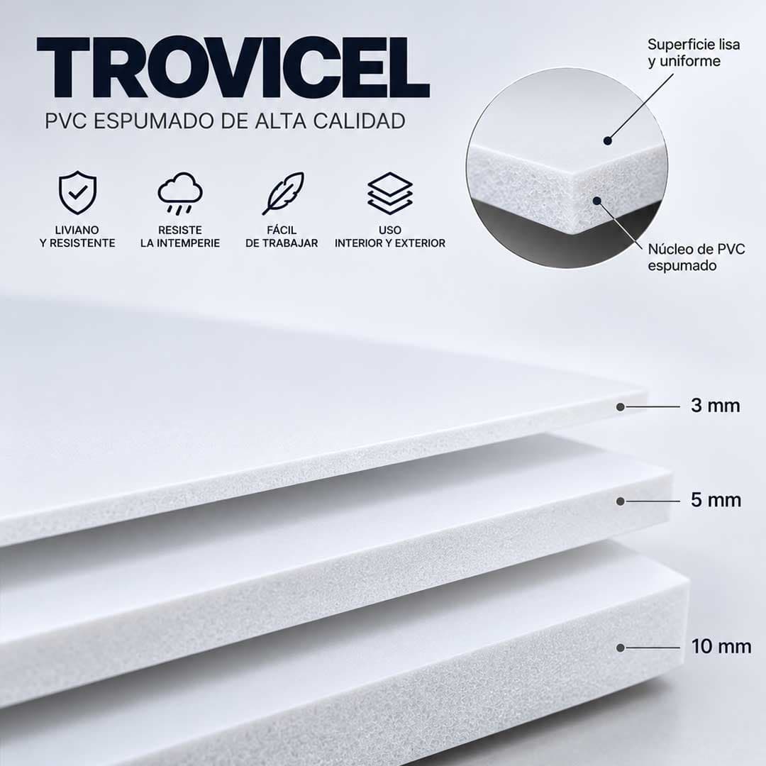 Tres planchas de PVC espumado blanco apiladas, con el canto poroso a la vista y sus espesores rotulados: 3, 5 y 10 mm