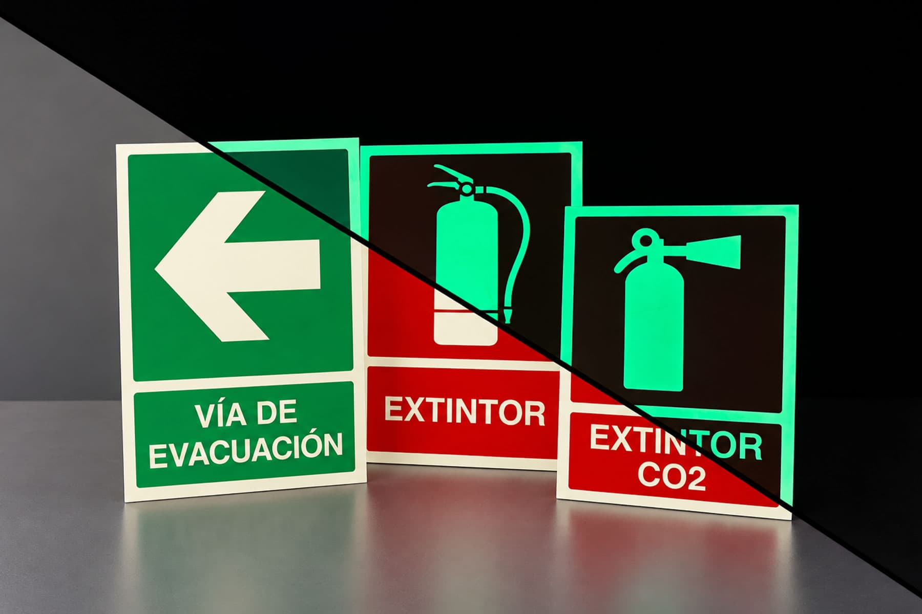 Set de señales fotoluminiscentes —vía de evacuación, extintor y extintor CO2— mitad de día y mitad brillando en la oscuridad