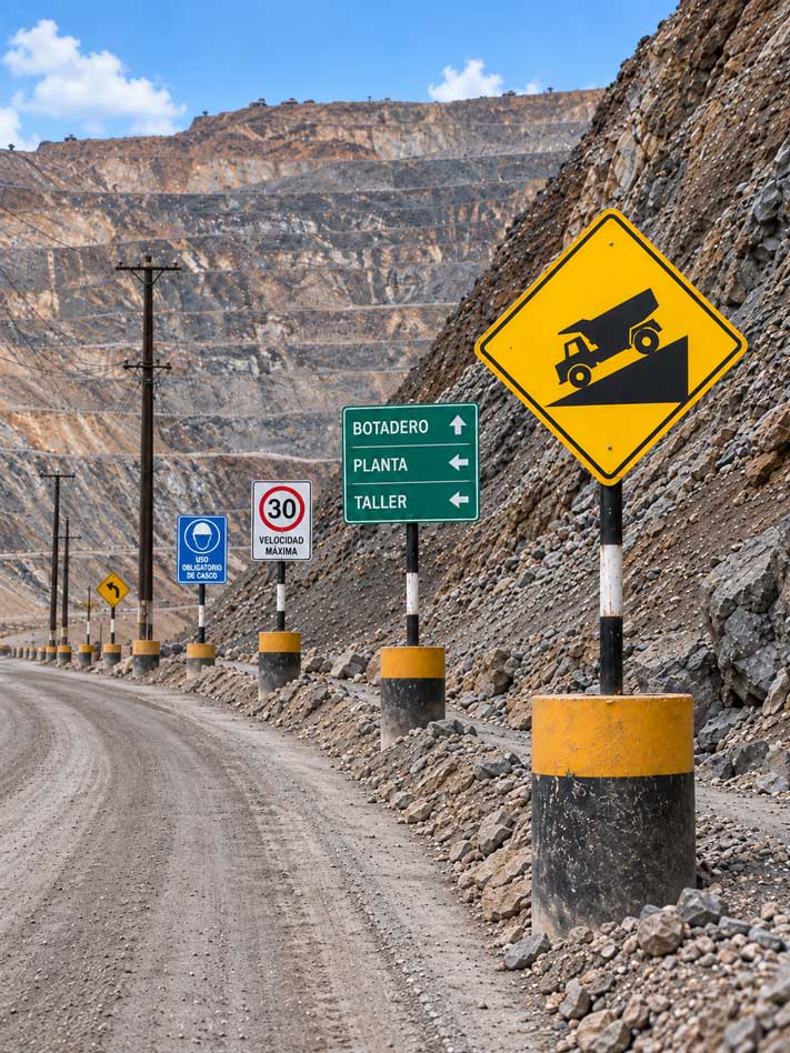 Camino de tierra en una mina de rajo abierto, con señales de pendiente peligrosa para camiones, velocidad máxima 30, uso obligatorio de casco y un letrero de dirección a botadero, planta y taller