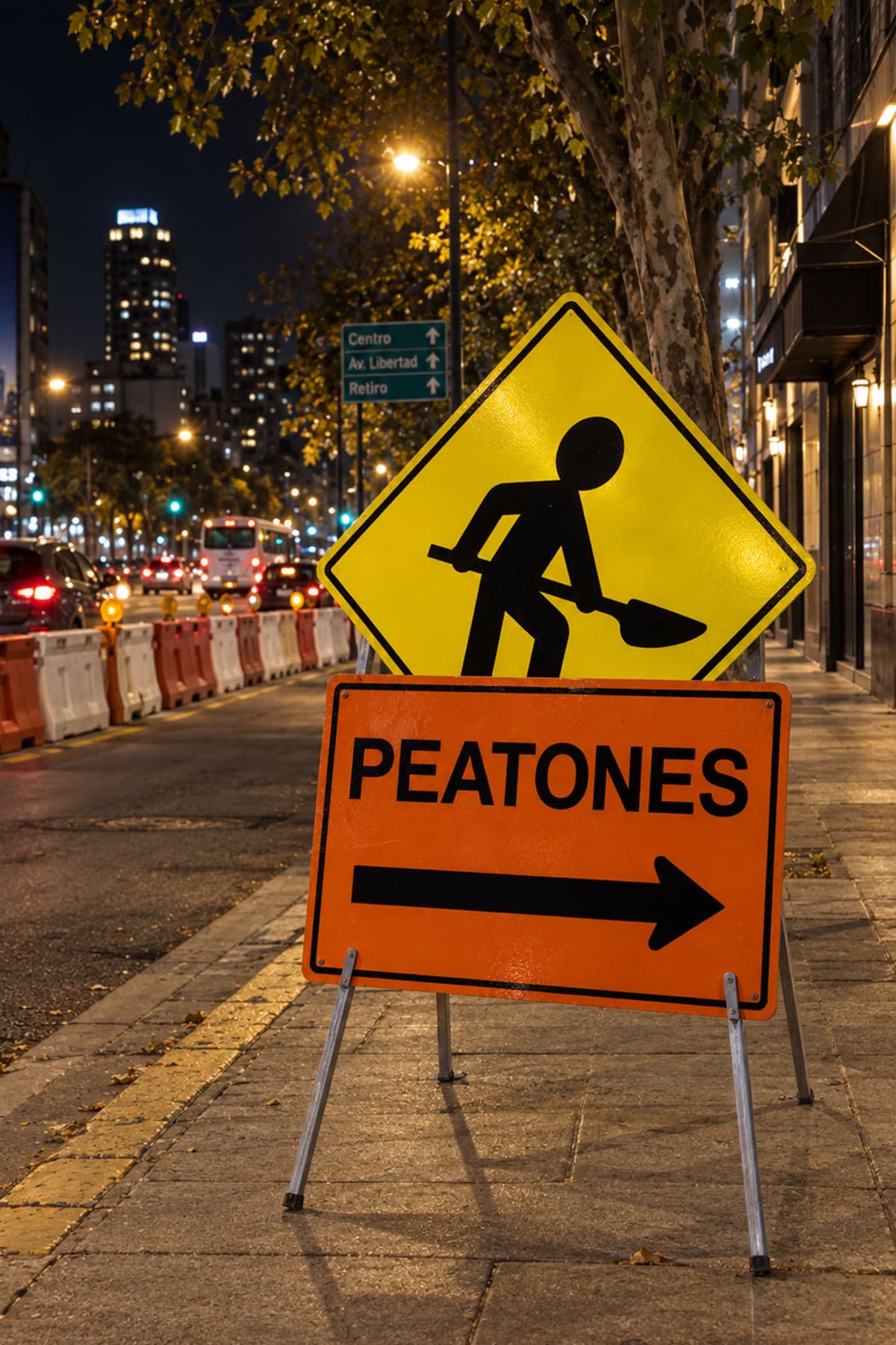 Señal amarilla de "hombre trabajando" y placa naranja de "peatones" con flecha sobre un caballete, en una vereda de noche junto a barreras de obra
