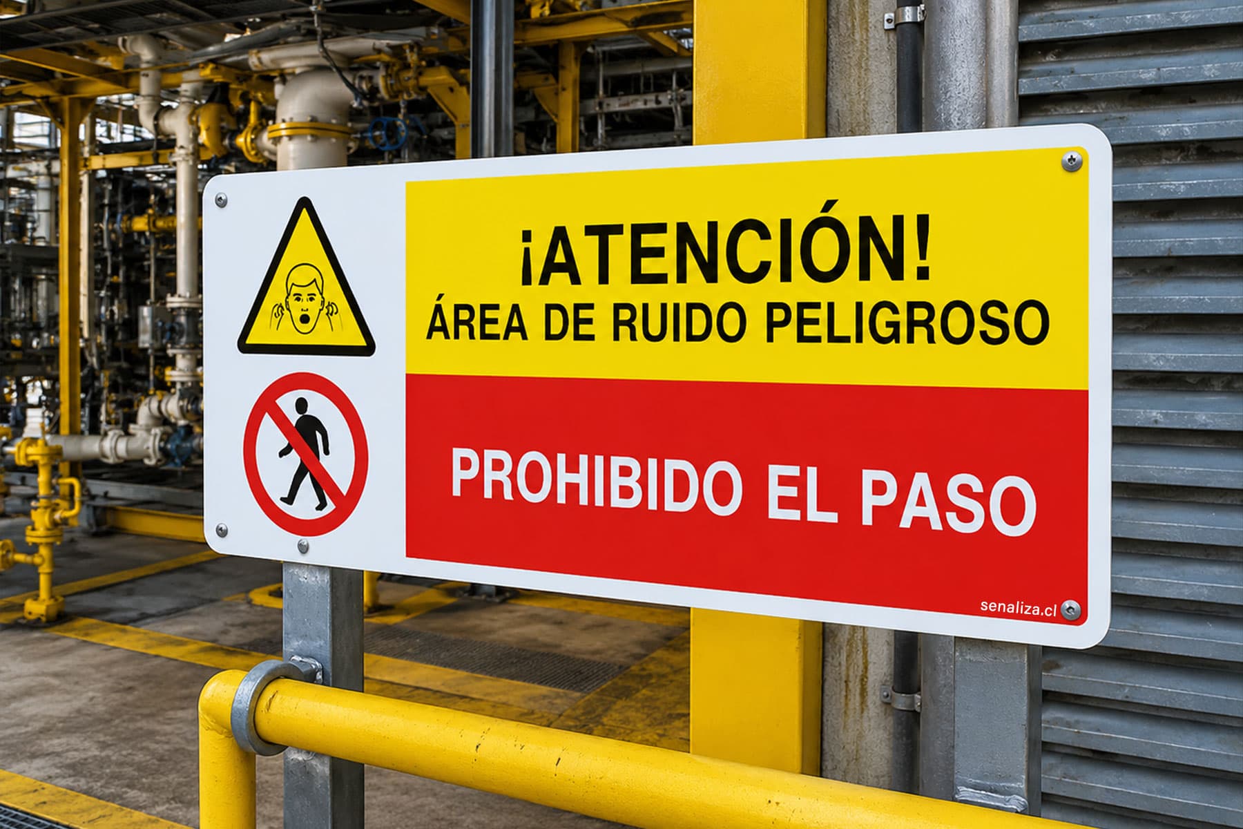 Letrero de seguridad «¡Atención! Área de ruido peligroso · Prohibido el paso» montado junto a una baranda amarilla en una planta industrial