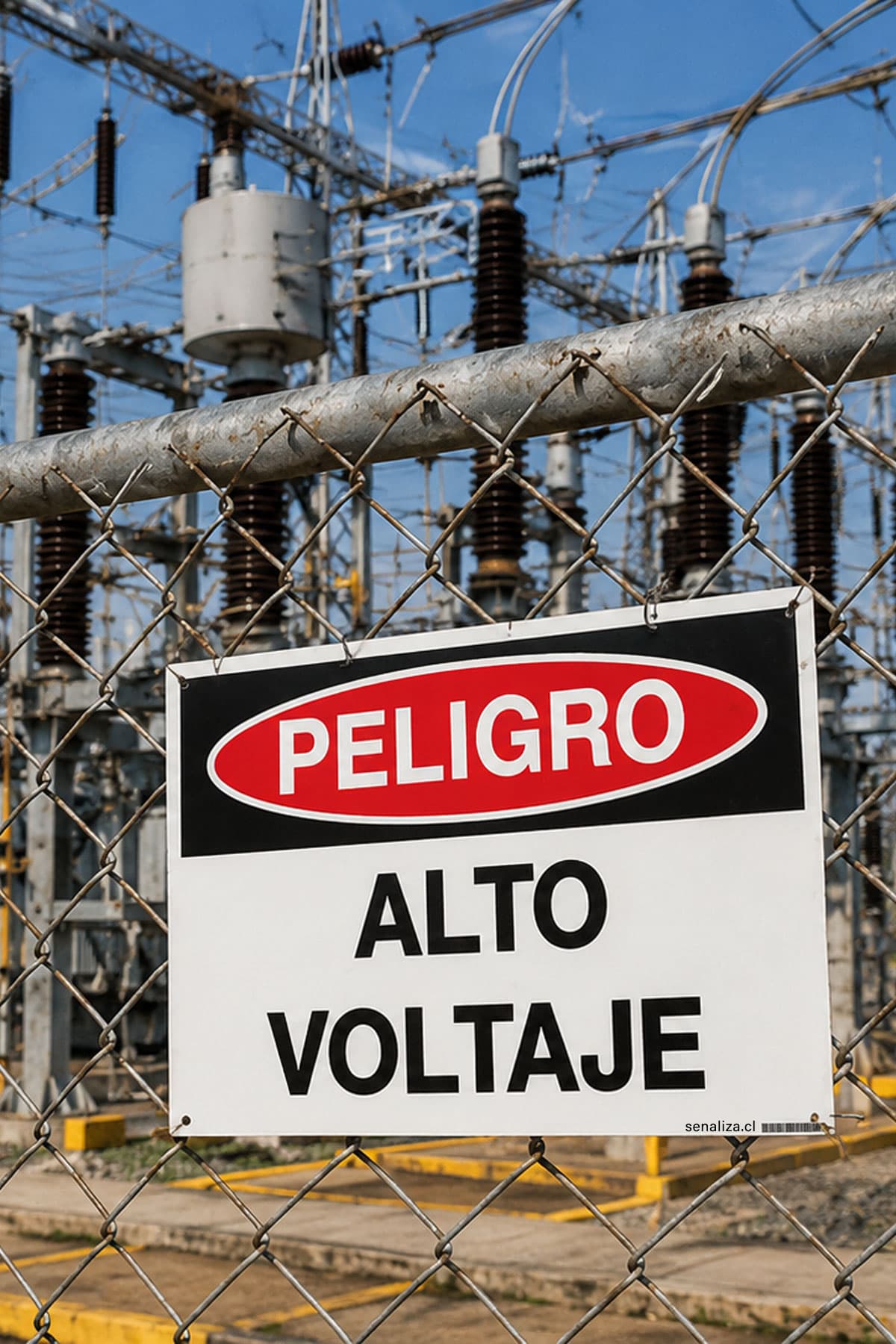 Letrero «Peligro · Alto voltaje» colgado en la reja de una subestación eléctrica, con aisladores y estructuras metálicas al fondo