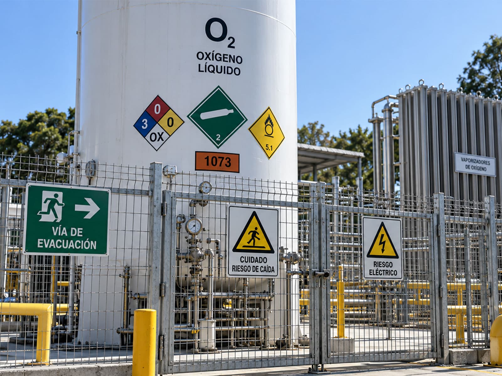 Estanque de oxígeno líquido con un rombo NFPA, un rombo verde de gas 2, un rombo amarillo de comburente 5.1 y un panel naranja 1073, detrás de una reja con letreros de vía de evacuación, riesgo de caída y riesgo eléctrico