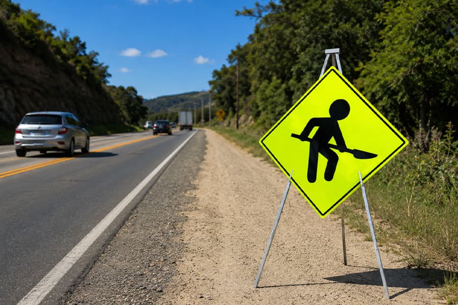 Señal amarilla de "hombre trabajando" al costado de una carretera, con vehículos circulando