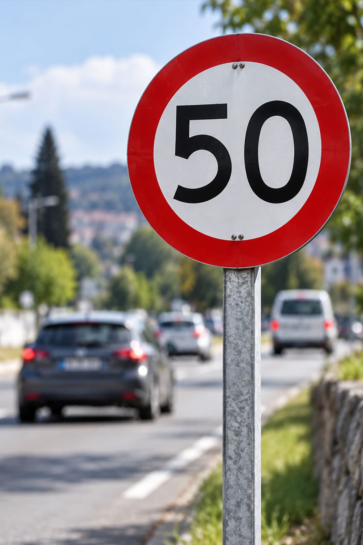 Señal circular de velocidad máxima 50 sobre un poste galvanizado, junto a una avenida con autos